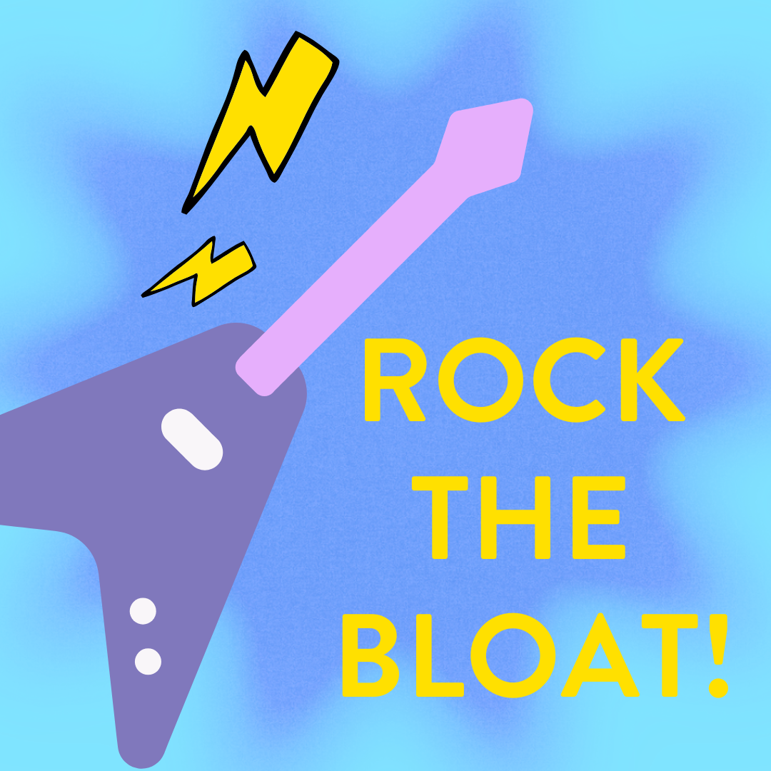Rock the Bloat! guitar image with lightning bolts and blue background